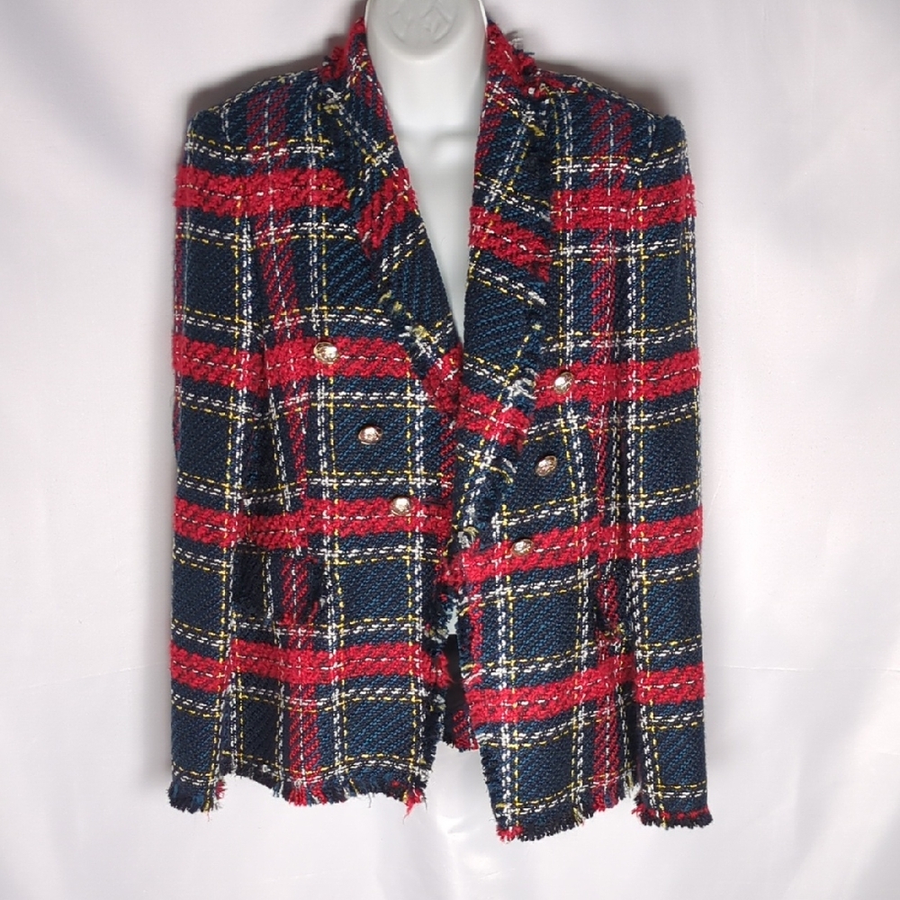 Zara Red Blue Plaid Tweed Double Breasted Blazer Gold Buttons S